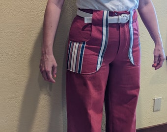 Denims with a Zing! 1970's Red Denim High Waisted Flare Pants Size 34" Waist Red White Blue Stripe Patch Pockets & Belt Loops Handmade