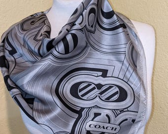 Coach Gray & Black Silk Scarf Geometric CC Print w/ striped eyeglass graphic