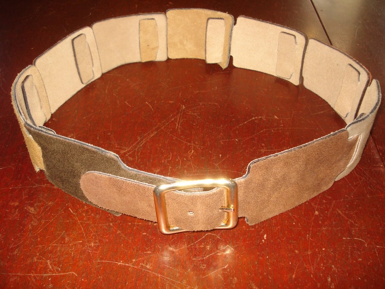 Brown, Tan, Copper, Very 70's Earth-tone colors Suede Belt Size M handmade by Calderon Gold tone buckle image 6