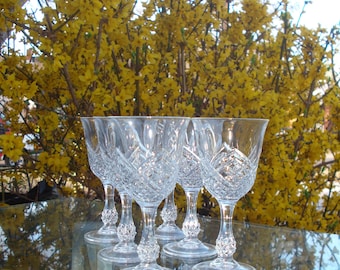 Vintage Early 70's Cut Crystal Stemware Six Crystal Goblets for Cordial, Wine, Sherry 5.5 inch tall Criss Cross Center Flower Detail