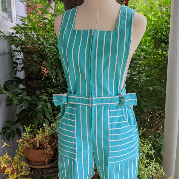 1976 Young Jr. Teen Overalls/Jumpsuit Shorts Handmade from McCalls Pattern 5126 Size 11/12 Bust:32" Waist 25" Aqua & White Striped denim