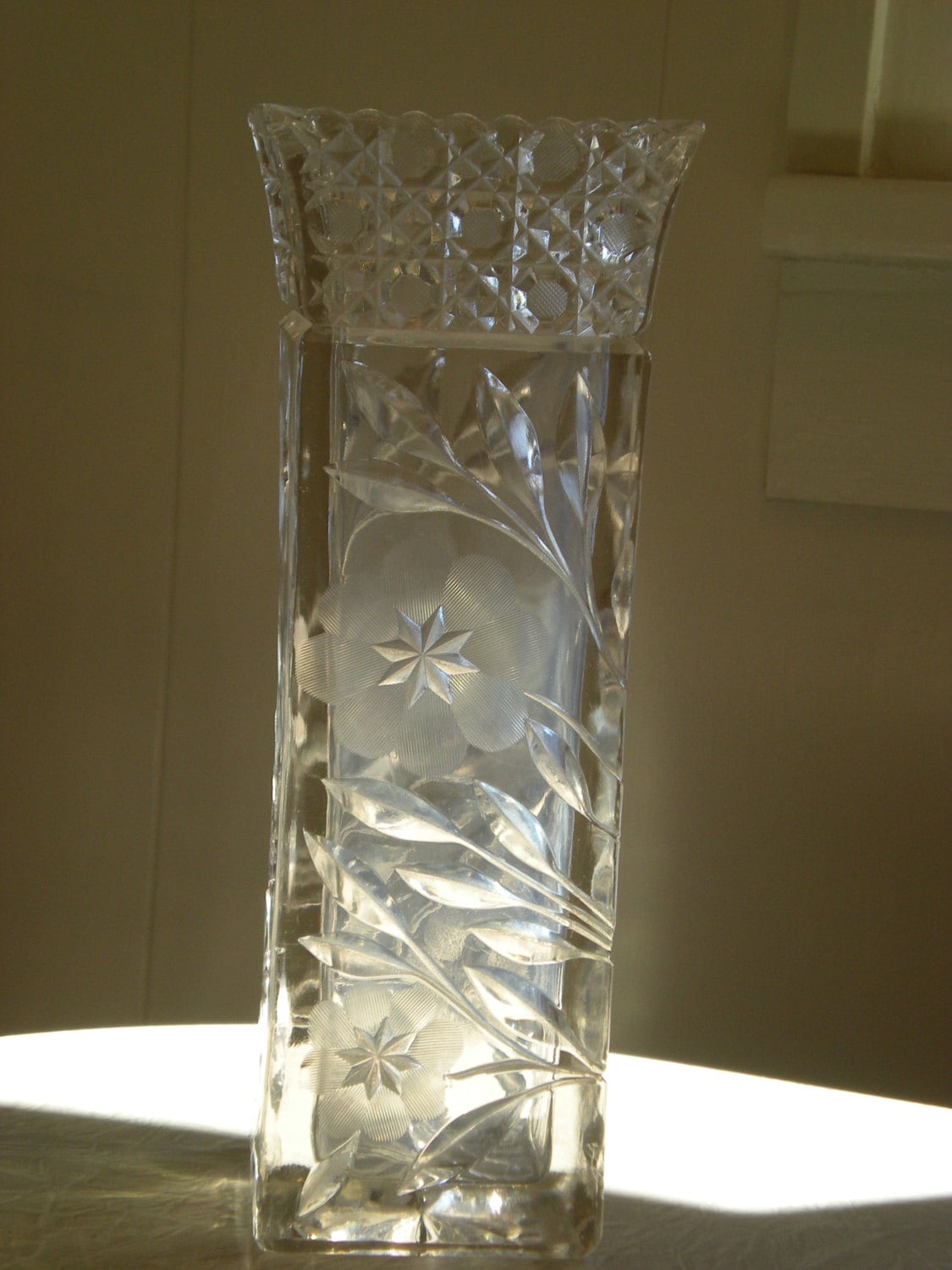Tall Lead Crystal Cut Glass Square Vase Etched Flowers & Stems Etsy