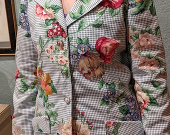 Big Bold Floral Print Blazer Satin Lining Size Large Handmade Reproduction by me. Blazer pattern from the 70's.