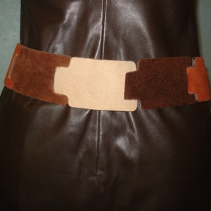 Brown, Tan, Copper, Very 70's Earth-tone colors Suede Belt Size M handmade by Calderon Gold tone buckle image 1