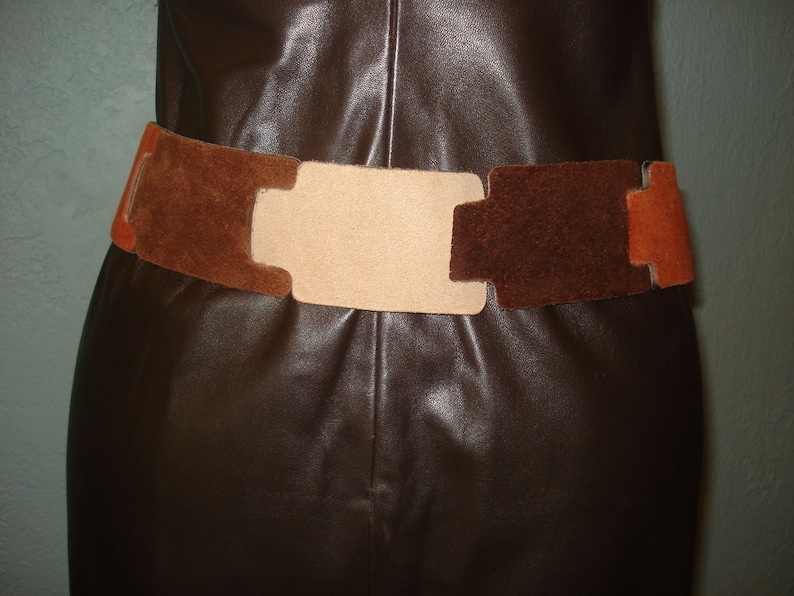 Brown, Tan, Copper, Very 70's Earth-tone colors Suede Belt Size M handmade by Calderon Gold tone buckle image 1