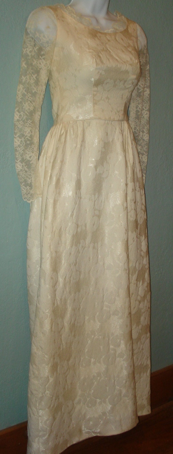 1950 Ivory Brocade & Lace Wedding Dress Size XS by Clifton Wilhite Lace ...