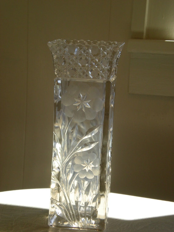 Tall Lead Crystal Cut Glass Square Vase Etched Flowers & Stems Etsy