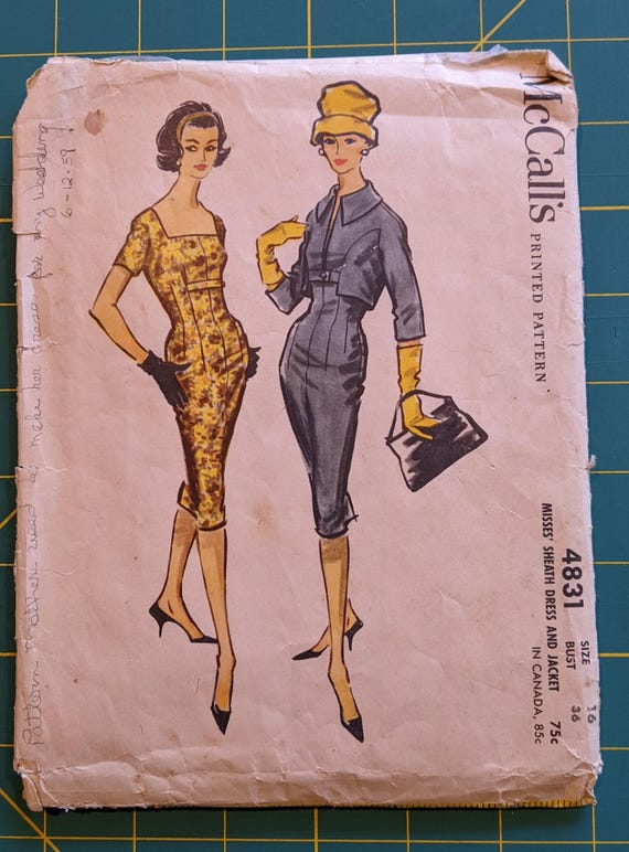 1959 Mother of the Bride Sheath Dress and Jacket Sewing Pattern Mccalls 4831 Size 16 Bust 36 Waist 28 Form Fitting Cut and Complete
