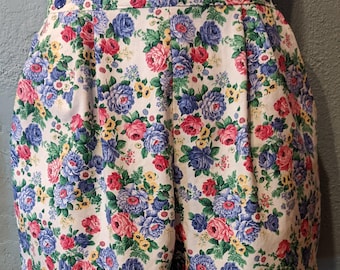 High Waisted Floral Denim shorts Size L Handmade by me. Front pleats button closure waist band and side pockets