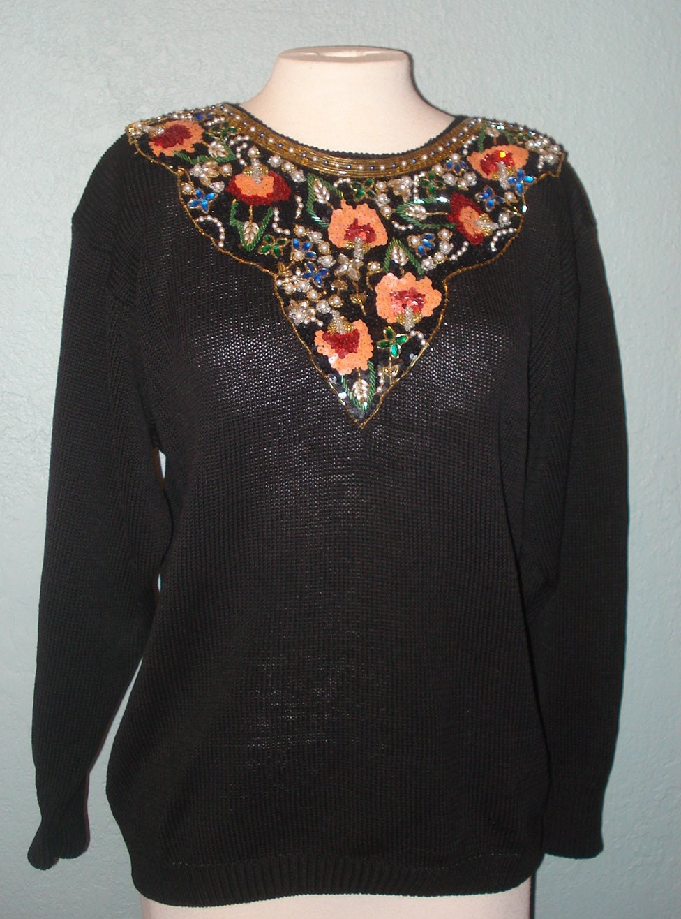 80's Embellished Sweater Size Large Entire Neckline filled with beads ...