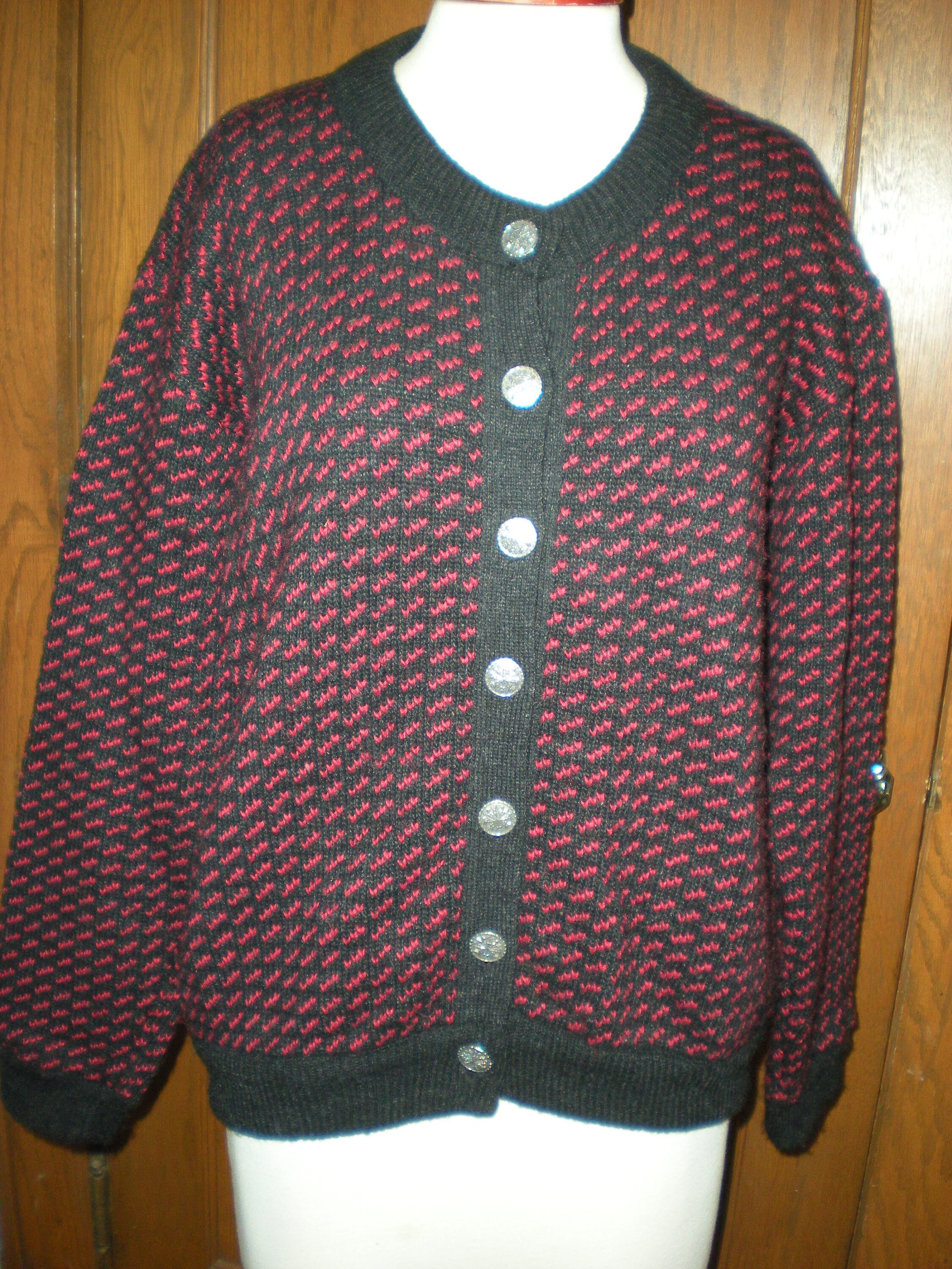 Vintage LL BEAN wool cardigan sweater Womens Medium Red & Gray Birds ...