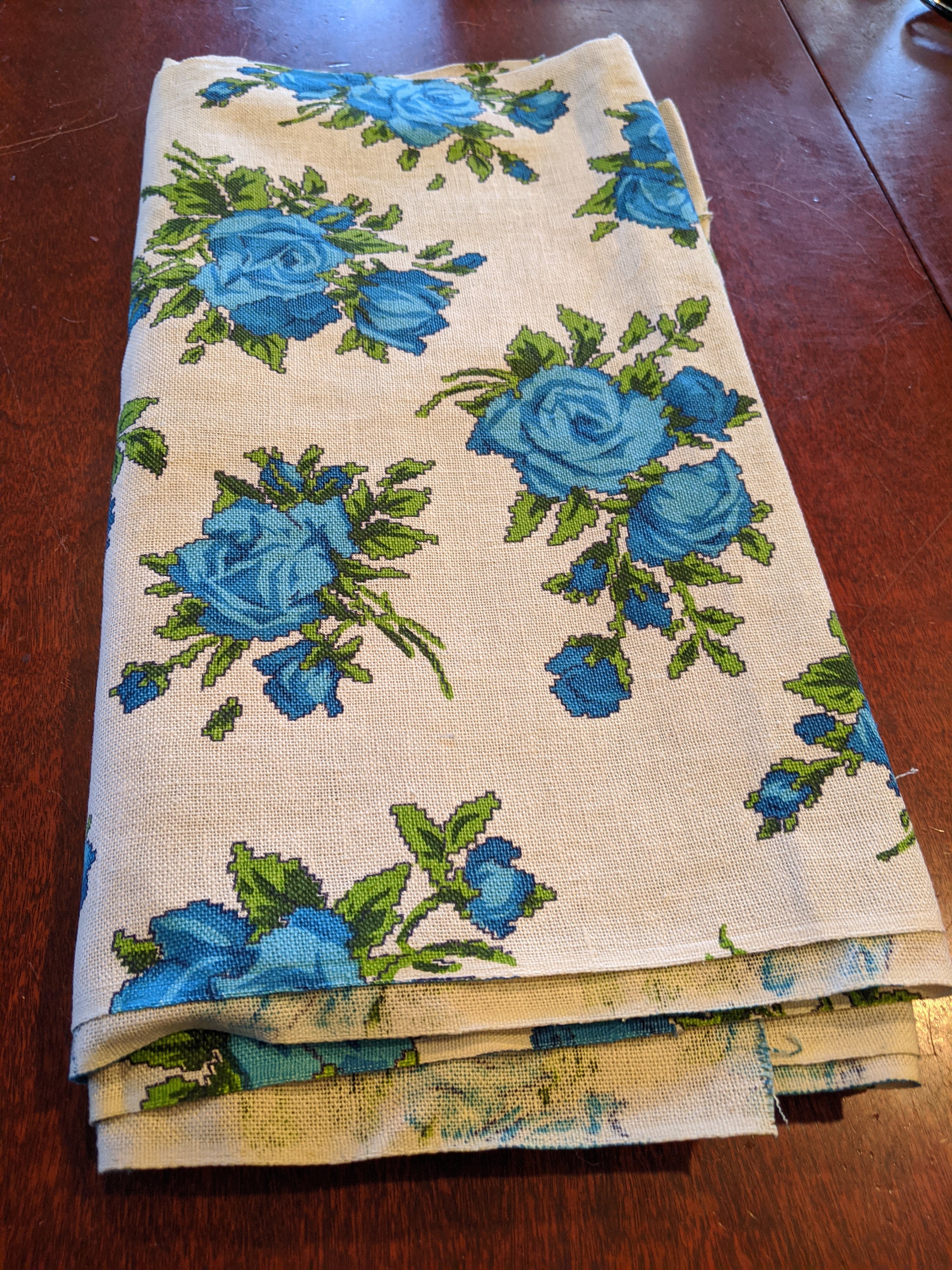 Large Blue & Green Cabbage Roses Barkcloth Fabric One piece 4 yards