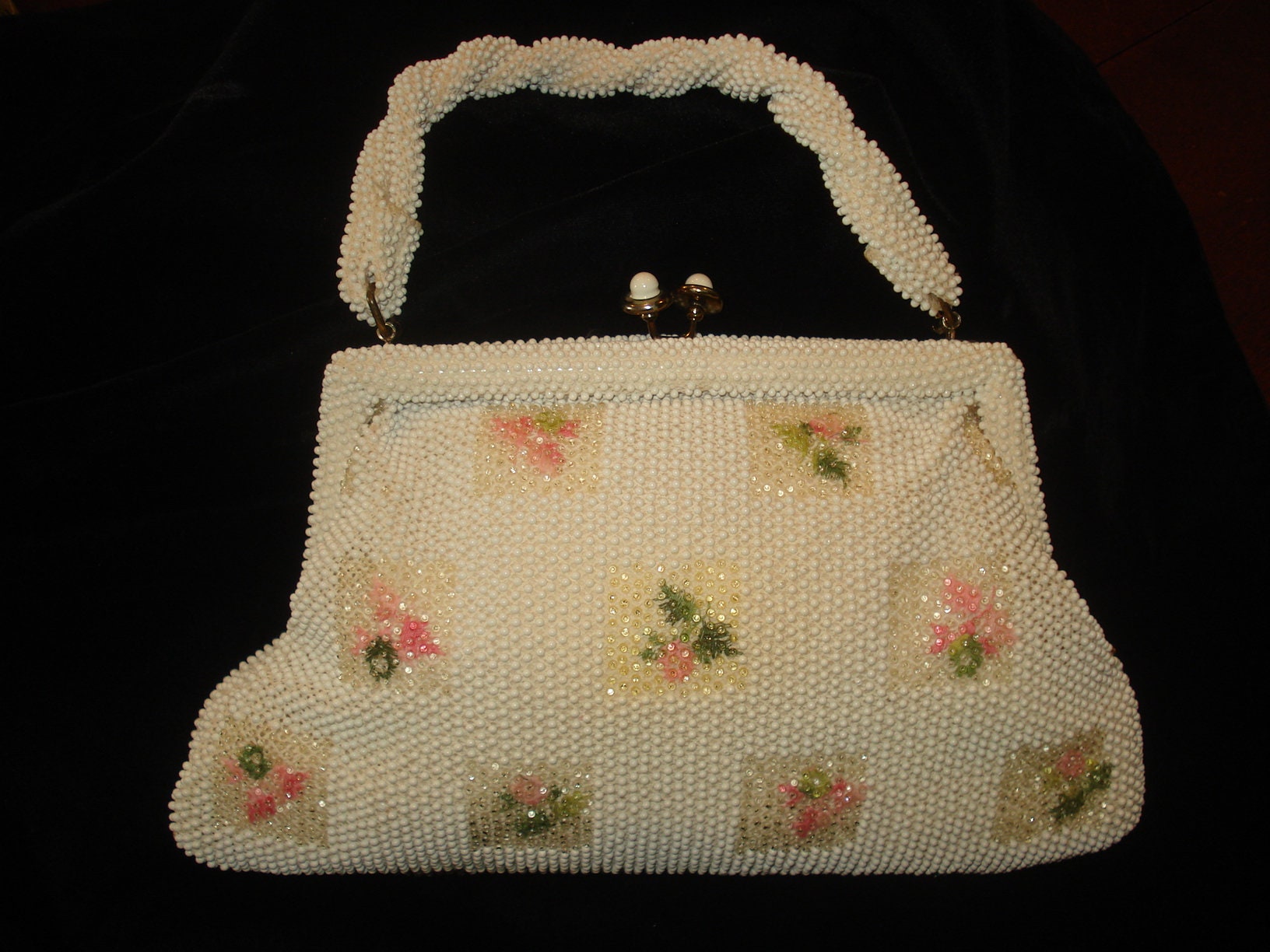 Vintage Lumured Petite Bead Handbag Covered w/Ivory Beads & Squares of