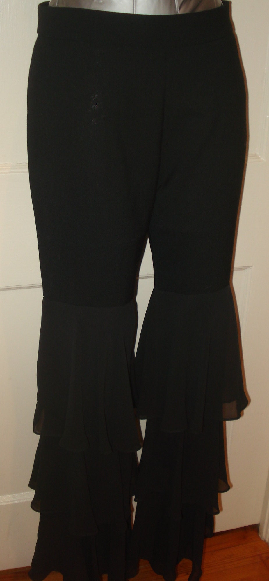 90's Black Ruffled Pants by Moda International Size 2 Layers of 9 inch Flowing Ruffles Party