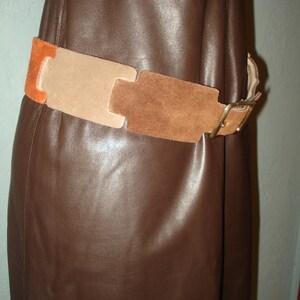 Brown, Tan, Copper, Very 70's Earth-tone colors Suede Belt Size M handmade by Calderon Gold tone buckle image 5