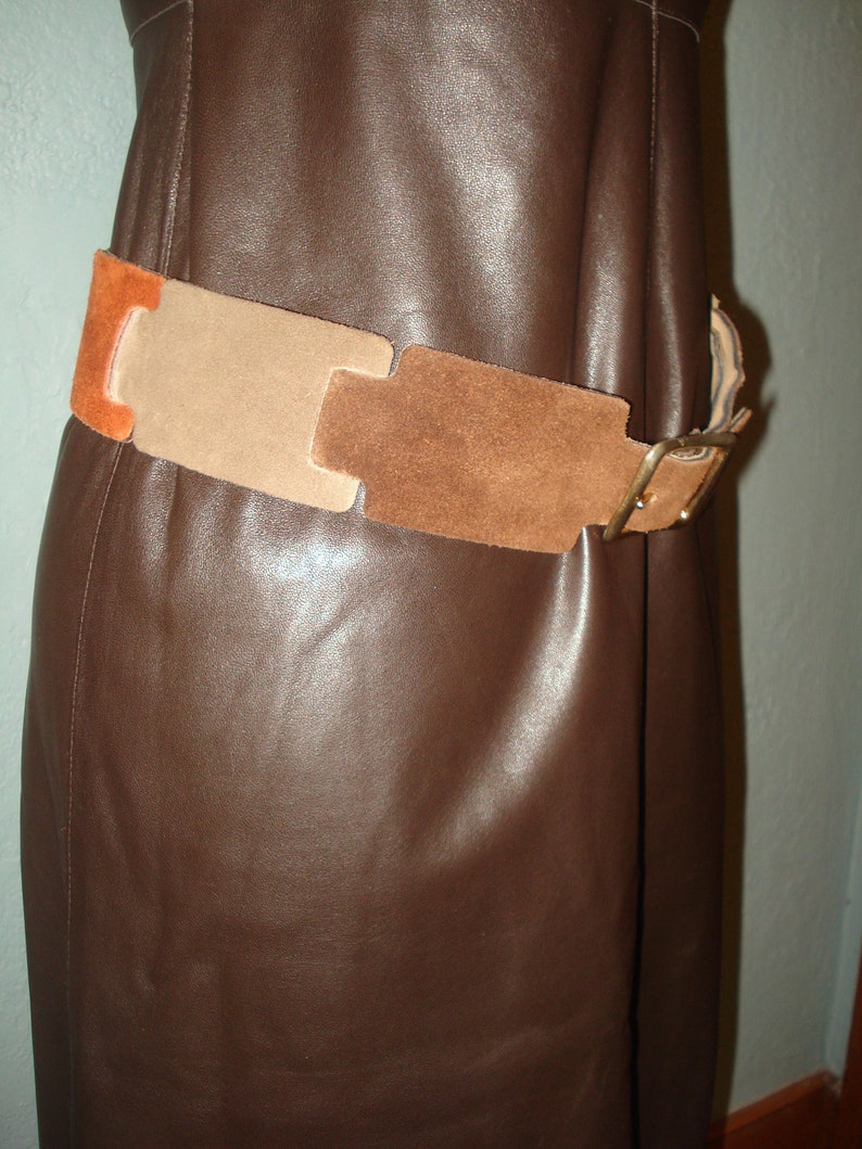 Brown, Tan, Copper, Very 70's Earth-tone colors Suede Belt Size M handmade by Calderon Gold tone buckle image 5