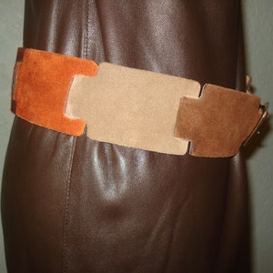 Brown, Tan, Copper, Very 70's Earth-tone colors Suede Belt Size M handmade by Calderon Gold tone buckle image 4