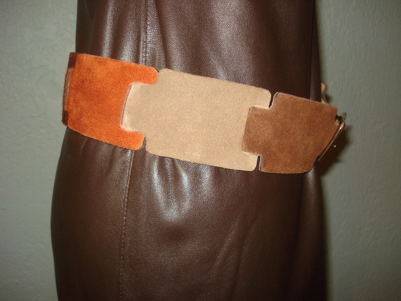 Brown, Tan, Copper, Very 70's Earth-tone colors Suede Belt Size M handmade by Calderon Gold tone buckle image 4