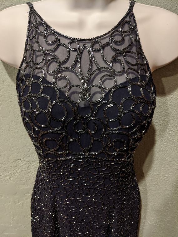 1980's Andretta Donatello Full Length Beaded Evening Gown Size Small Dark  Navy W/ Black Beads & Sequins High Halter Type Neck Front Slit - Etsy