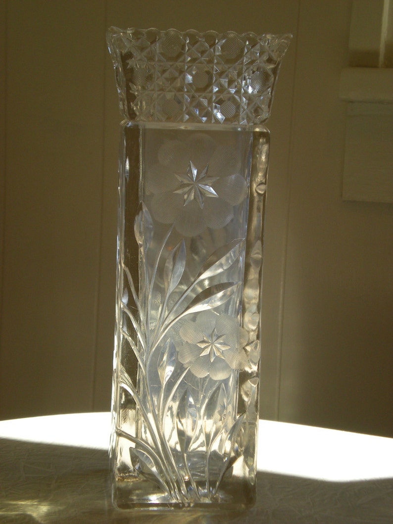 Tall Lead Crystal Cut Glass Square Vase Etched Flowers Stems Etsy