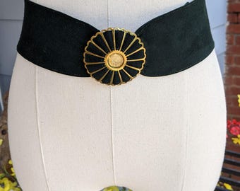 1950's Criterion Suede Belt w/brass buckle Size 32 Dark Green Suede leather braided into brass buckle advertised in Vogue