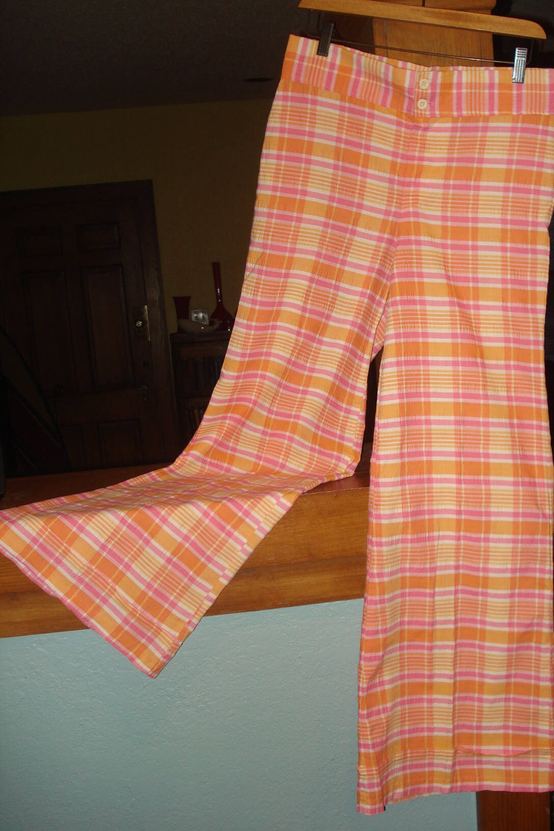 1970's Seersuckle Lightweight Cotton Bell Bottom Plaid Pants Size 13/14 Cuffed Bottom