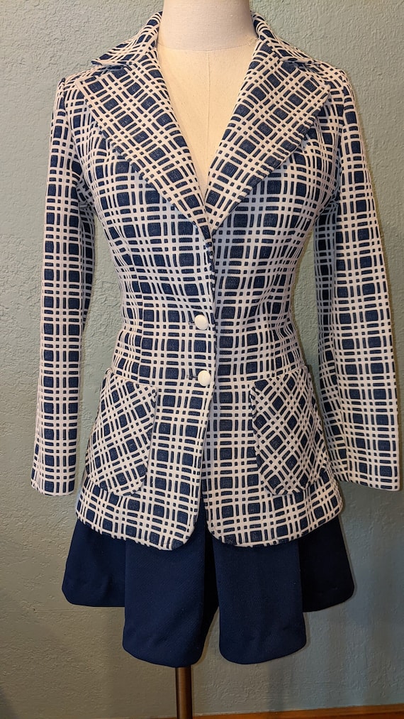 Vintage 70's Russ Blue & White Checked Jacket Bla… - image 1