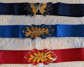 Vintage Cinch Elastic Stretch Belts with buckles Size Small Navy Blue, or Red Big two tone buckles, Flame or Butterfly