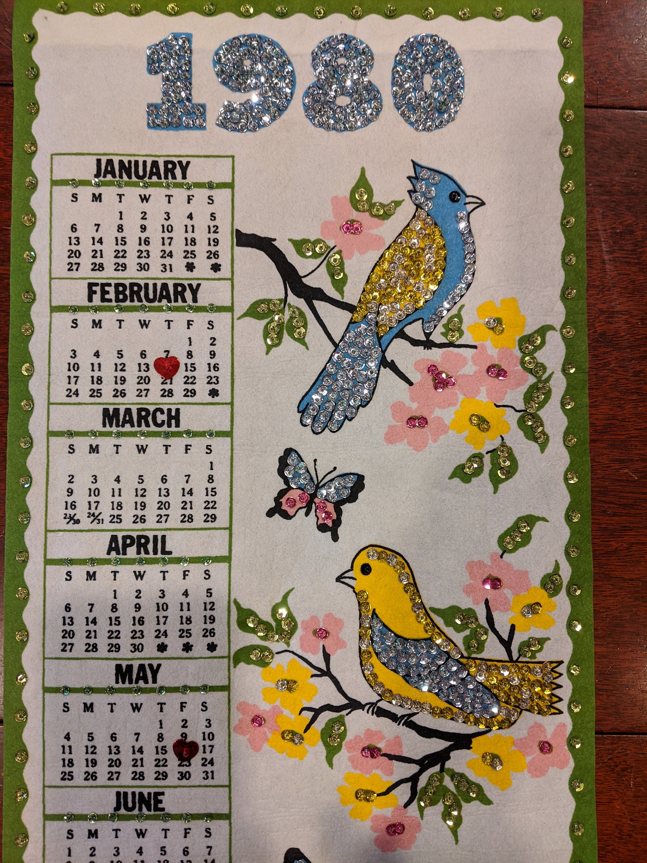 1980 Felt and Sequin Hanging Wall Calendar w/Blue and yellow birds,  butterflies, flowers