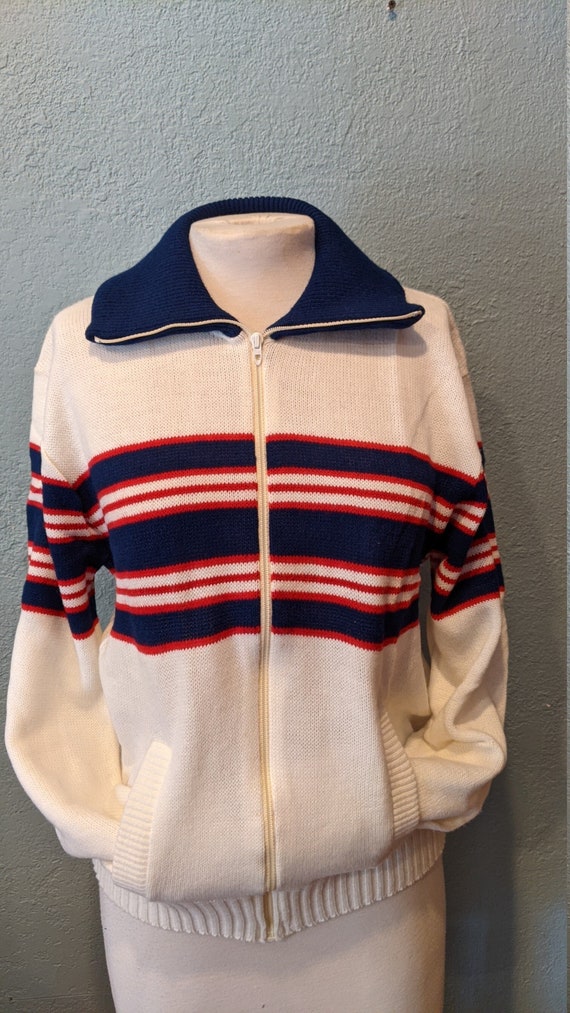 1970 Red White Blue Striped Front Zip Cardigan by 