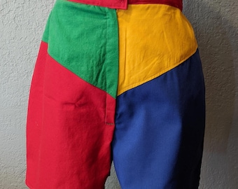 Color Block Denim Shorts Handmade by me Size Medium with a 28" waist  Primary Color Block colors, blue, red, green, yellow.