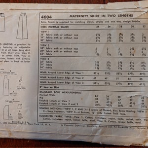 May include: A vintage sewing pattern for a maternity skirt in two lengths. The pattern is for sizes 24 to 32 and includes instructions for sewing the skirt with or without a nap. The pattern is from Simplicity Patterns, Inc. and is printed on a tan paper with black text.