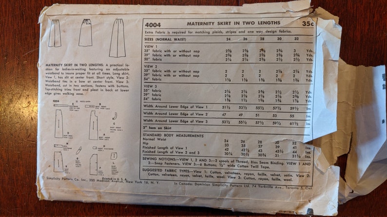 May include: A vintage sewing pattern for a maternity skirt in two lengths. The pattern is for sizes 24 to 32 and includes instructions for sewing the skirt with or without a nap. The pattern is from Simplicity Patterns, Inc. and is printed on a tan paper with black text.