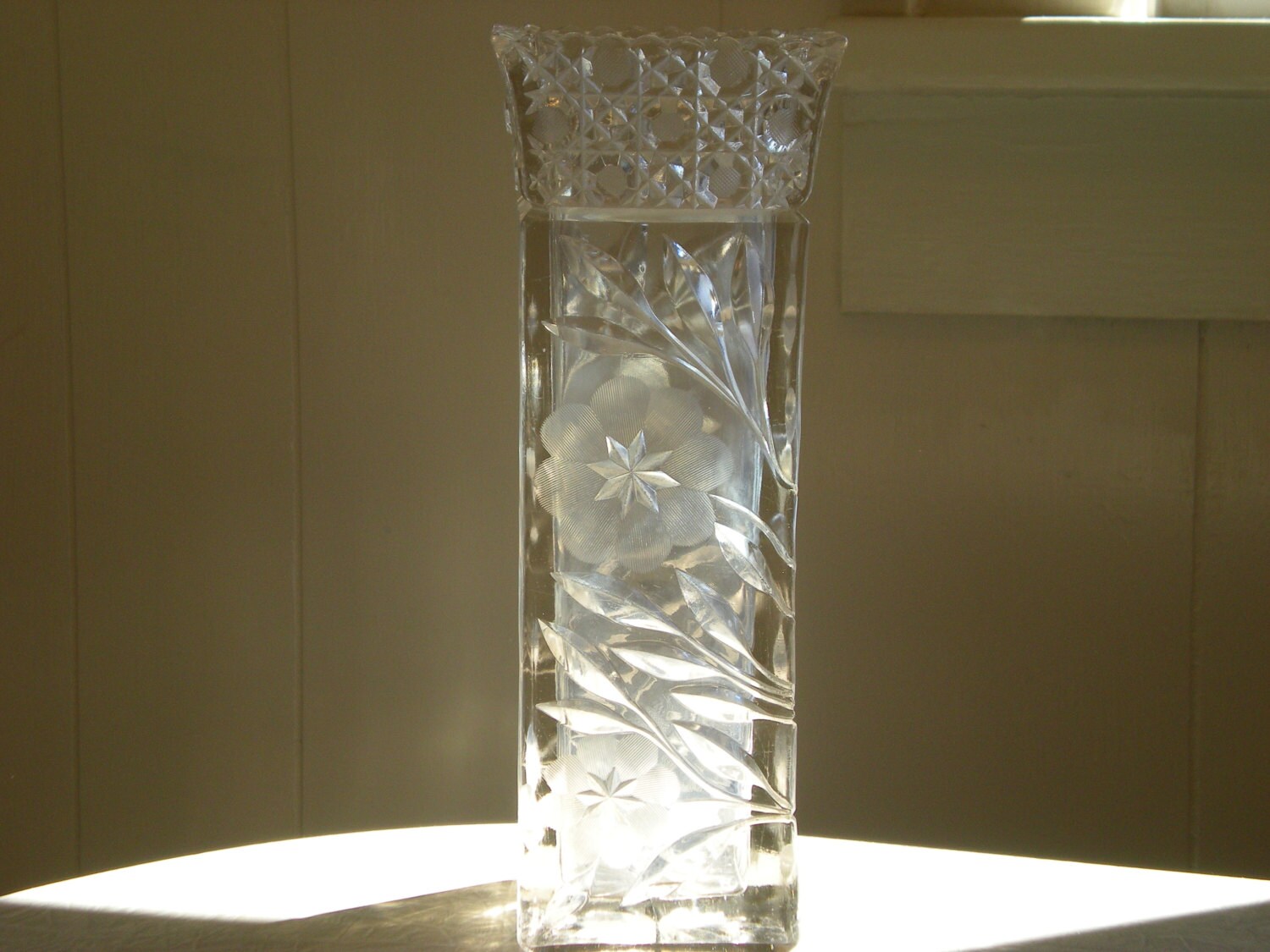 Tall Lead Crystal Cut Glass Square Vase Etched Flowers & Stems Etsy