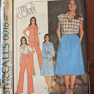 May include: A McCall's 6015 sewing pattern envelope for a shirt, skirt, and trousers. The cover features illustrations of three outfits labelled A, B, C, and D, with the text Mario's Corner, McCall's 6015, and Misses' Shirt, Skirt and Pants printed on it.