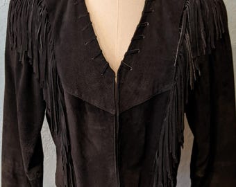80's/90's Tillman Clothing black suede leather jacket w/ fringe Size Medium  A Short/cropped Western Style jacket