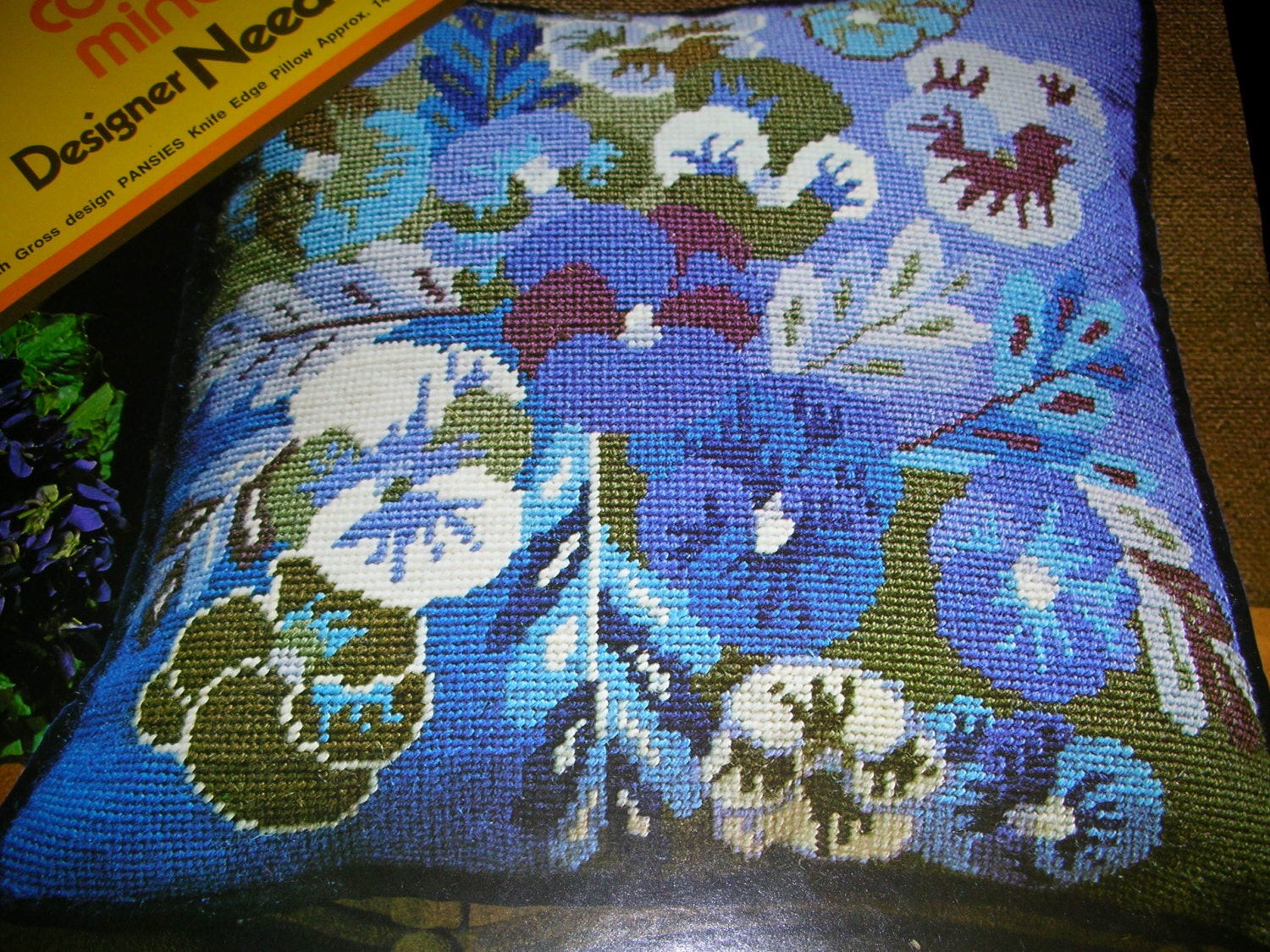 Vintage 1972 Judith Gross Design Pansies Needlepoint Pillow Kit