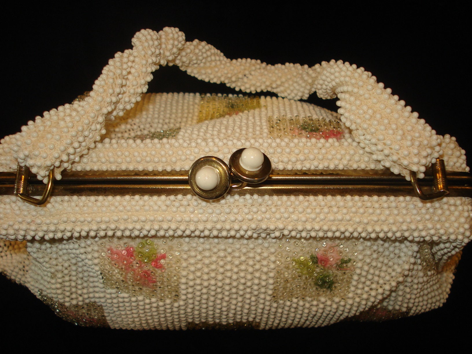 Vintage Lumured Petite Bead Handbag Covered w/Ivory Beads & Squares of
