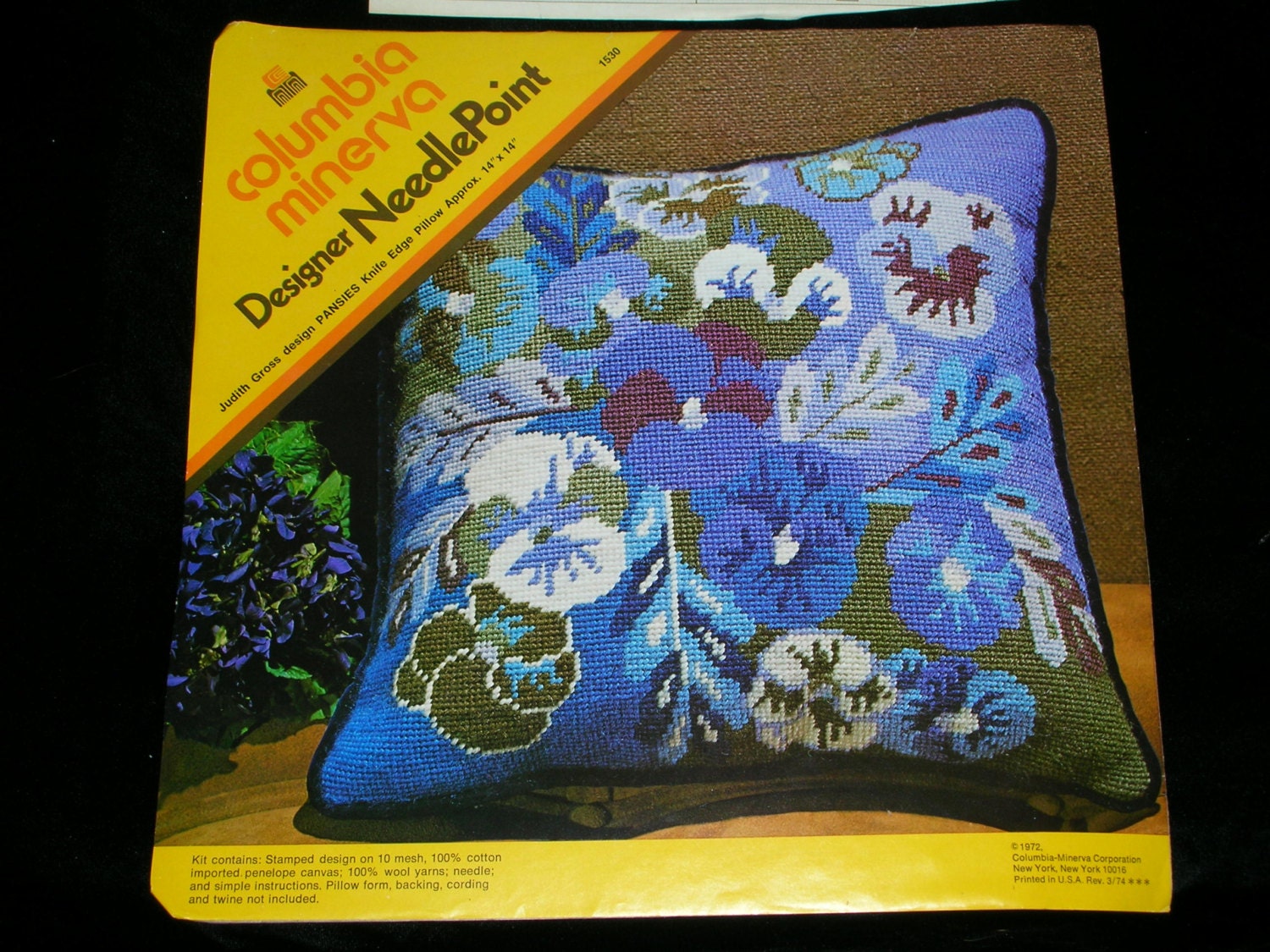 Vintage 1972 Judith Gross Design Pansies Needlepoint Pillow Kit