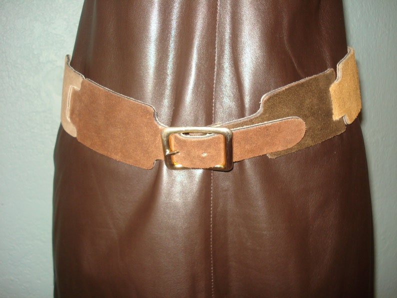 Brown, Tan, Copper, Very 70's Earth-tone colors Suede Belt Size M handmade by Calderon Gold tone buckle image 3