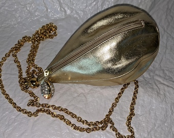 Vintage Golden Pear Shaped Evening Purse w/Rhinestone Charm & gold chain shoulder strap