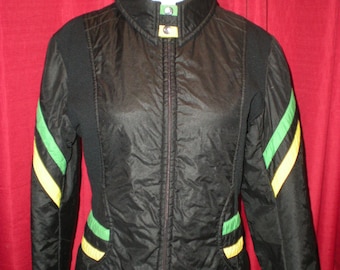 Vintage Obermeyer Ski Jacket Ladies Size Med/Size 12 Black with green yellow stripes Made in British Hong Kong