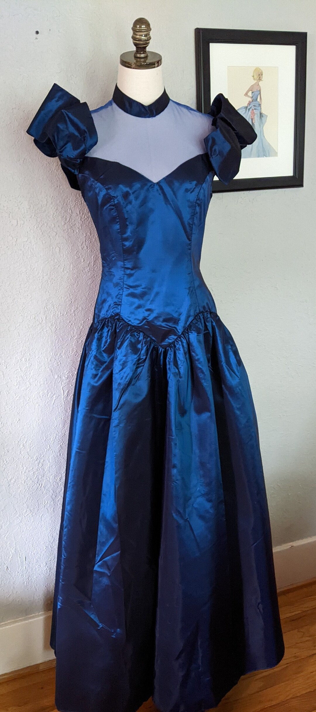 Vintage 1970s-80s dark blue taffeta gown main image 1