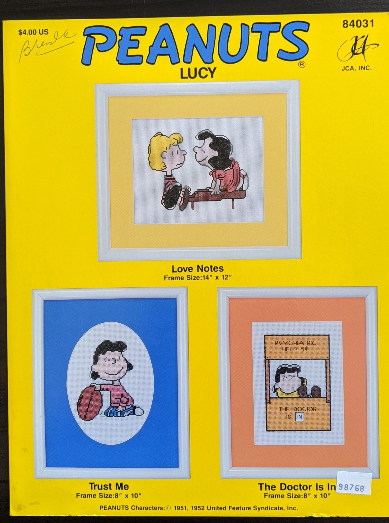 Peanuts counted cross stitch books from JCA. Featuring Lucy, Friendship, or  Snoopy Three different booklets, pick one or more.