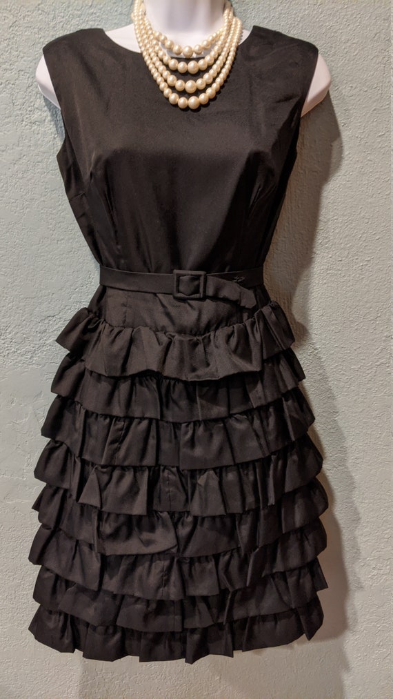 1960's Black Satin Ruffle Party Dress Waison Rouge