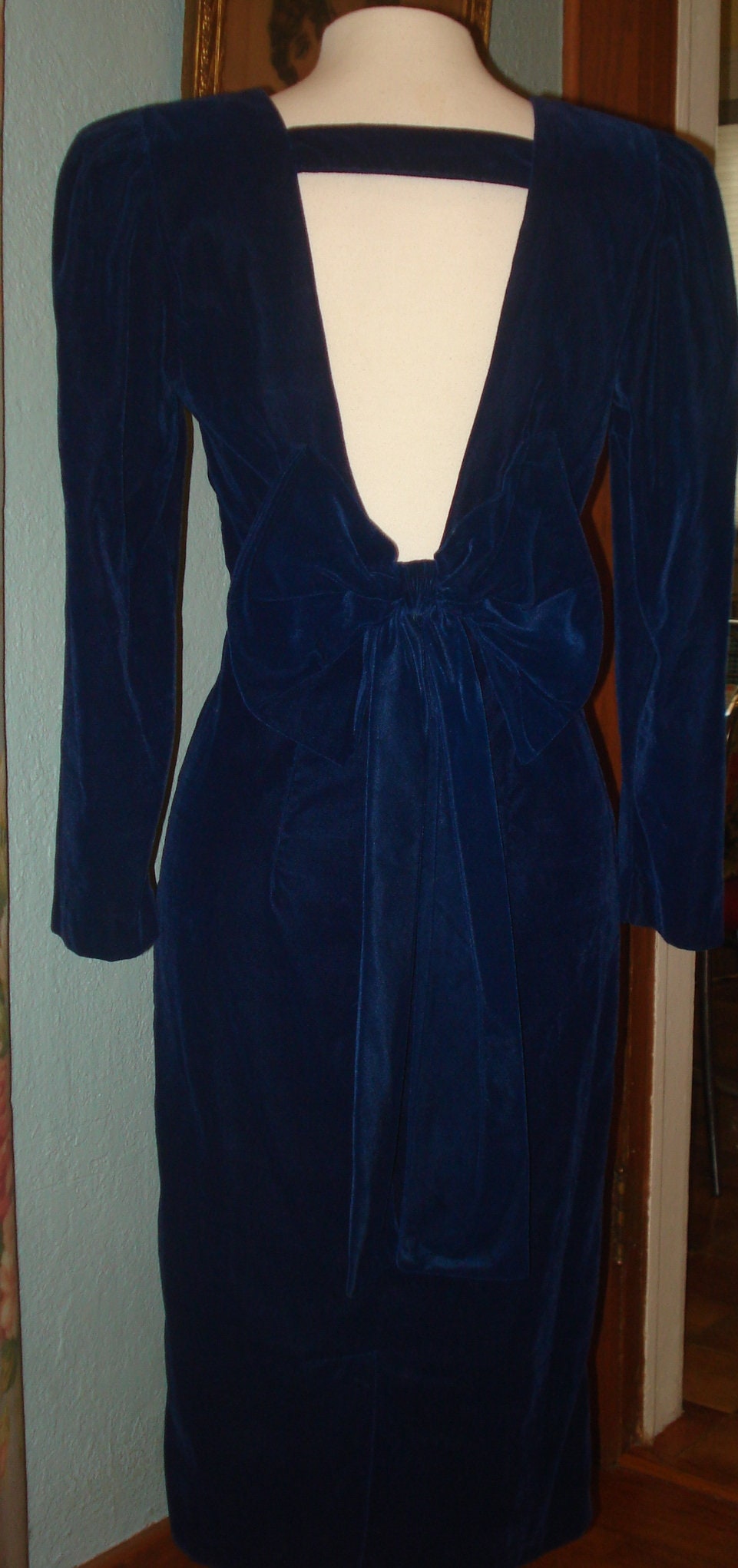 80's Dark Blue Velour Midi Dress by Pellini After 5 Size 7/8 Open Back ...