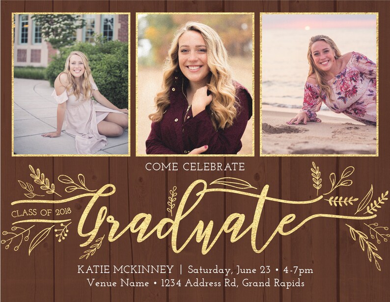 rustic wood invitation wood and gold photo invitation modern invitation PRINTABLE Custom Graduation Invitation