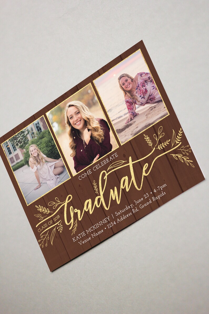 rustic wood invitation wood and gold photo invitation modern invitation PRINTABLE Custom Graduation Invitation