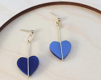 Blue Heart Drop Earrings - Laser cut, Acrylic, Brass - Valentines Day 2022