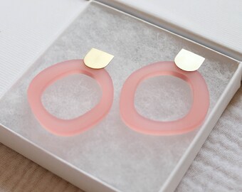 Statement Pebble Stud Earrings in Brass and Pink
